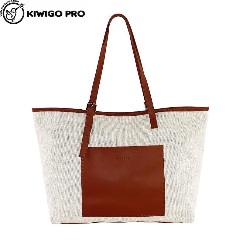 【kiwigopro】全棉帆布袋_單肩包/歐美拼接/女式手提電腦/托特包_黑色/駝色